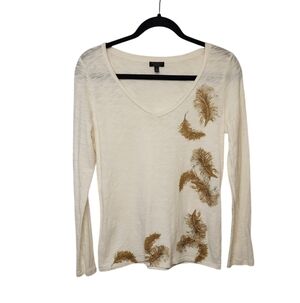 Talbots Women's Cream With Gold Feather Detail V-Neck Lightweight Top Size S